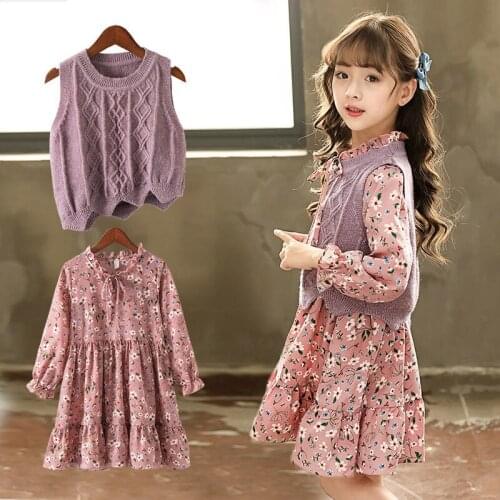 2021 Autumn Winter Baby Girls Long Sleeve Dress Knit Vest+dress Print 2 Piece Sets Children Dresses New Fashion Kid Costume D324