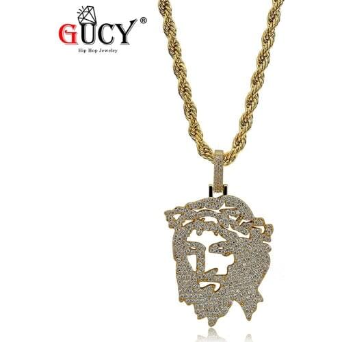 GUCY Iced Religious Ghost Jesus Head Pendant Necklace Free Rope Chain Gold Silver Color Bling Cubic Zircon Mens Hip Hop Jewelry