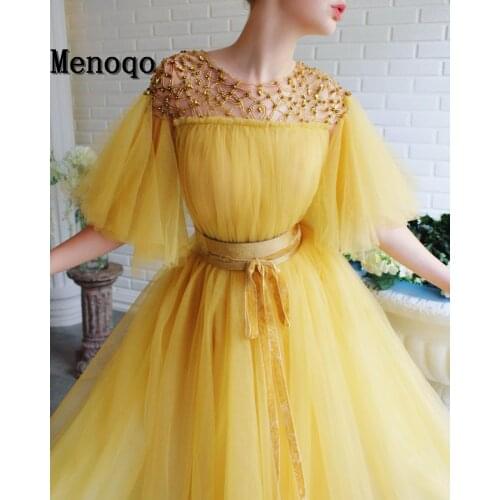 Prom Dress High O Neck Pleated Tiered Evening Gown Long Puff Sleeves Celebrate Dress Arab Tulle Evening Dress