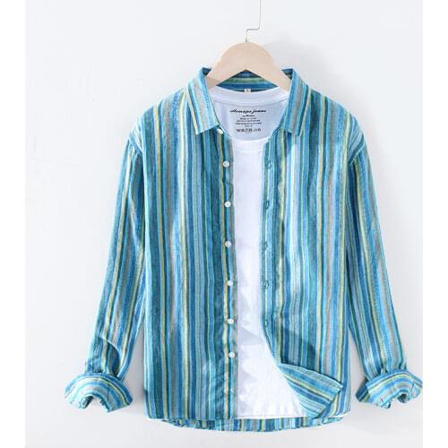 Striped Long Sleeve Shirt for Men Cotton Linen Casual Tops Spring Summer New Turn-down Collar Male Vintage Clothing 2021 New