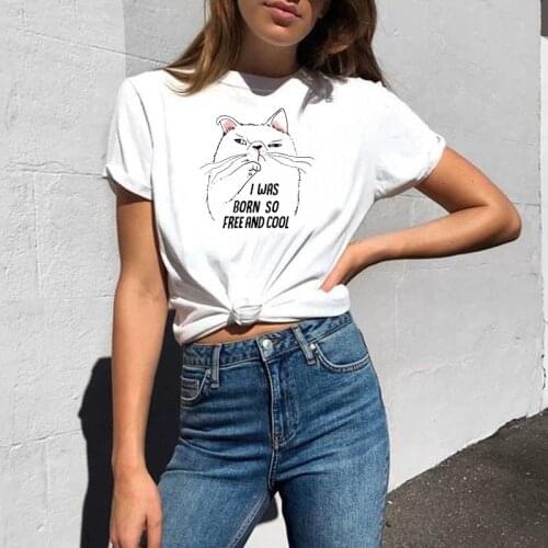 Simple Chic Shirts for Women Summer Fashion O Neck Top Short Sleeved Comfy Tee Shirt Cute Cat Print T-shirts