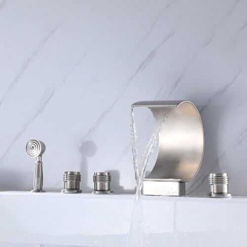 Roman Waterfall Tub Faucet Brushed Nickel Bathroom High Flow Waterfall Spout Set with Deck Mount Handheld Shower and Tub Faucets