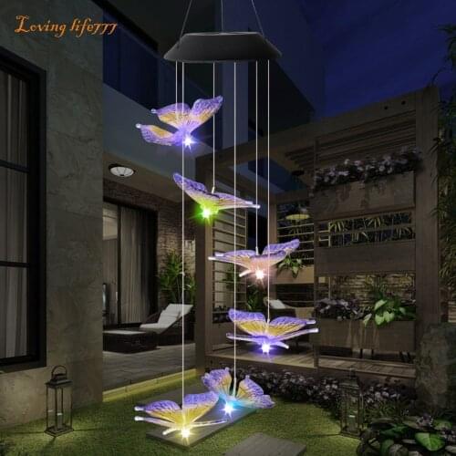 Solar Power Changeable Light Waterproof Colorful Creative Butterfly Wind Chime Lamp For Home Outdoor Garden Yard Decoration #LR2