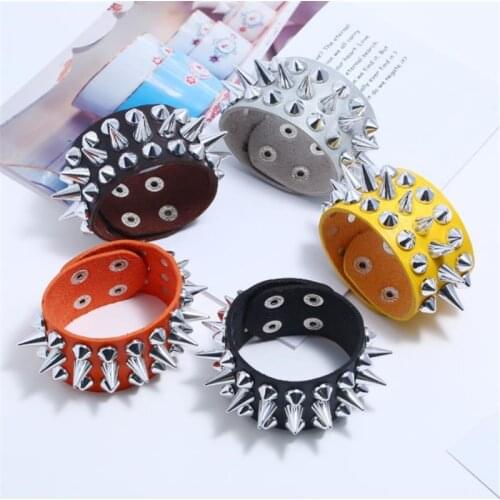 Three Row Cuspidal Spikes Rivet Stud Wide Cuff Leather Punk Gothic Rock Unisex Bangle Bracelet Men Jewelry