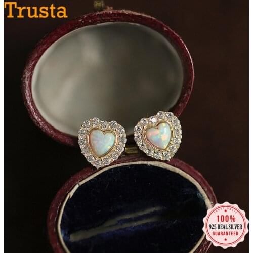 TrustDavis Real 925 Sterling Silver Fashion Sweet Romantic Love Heart Opal CZ Stud Earring For Women Wedding Fine Jewelry DA2142