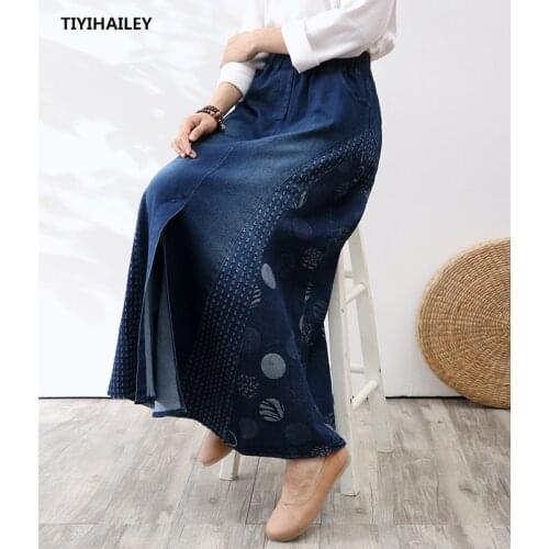 TIYIHAILEY Free Shipping 2020 Long Maxi A-line Skirt Women Elastic Waist Spring Autumn Denim Jeans Vintage Skirt With Slit Dot