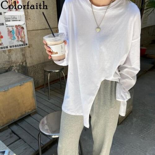 Colorfaith New 2020 Women Autumn Winter T-shirt Split Bottoming Basic Fashionable Minimalist Style Wild Oversize Tops T2526B