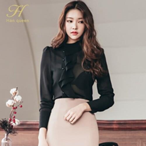 H Han Queen Korean Ruffle Office Lady Blusa Black Vintage Occupation Tops Elegant Chiffon Blouses Women Long Sleeve Casual Shirt