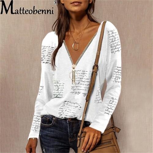 2021 Spring Autumn New Fashion Ladies Zipper V-Neck English Printing Long-Sleeved Casual Loose Top T-Shirt Women Street Clothing