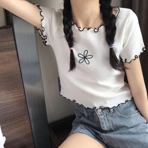Woman TShirts Girls' Floral Short-Sleeved Sweater Womens Summer Top Crop Top Mujer Camisetas