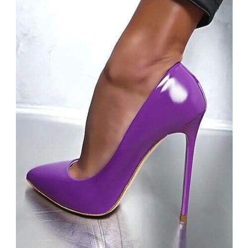 2019 Hot Selling Purple Leather Pump Women Shoes Pointed Toe Stiletto Heels Slip-on Ladies Wedding Shoes Bride Cut-out High Heel