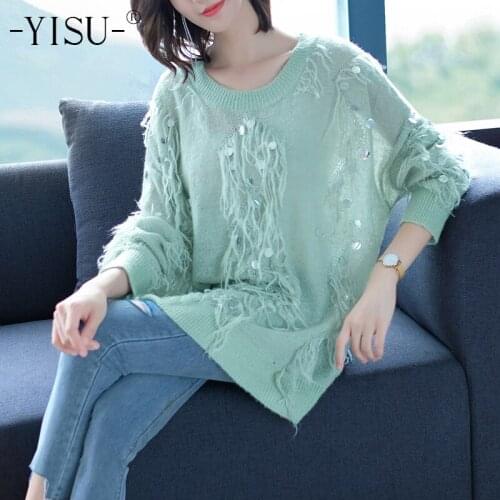 YISU Fashion Women Knitted Sweater Loose Pullover tassel Sequin design Jumpers Autumn Winter Soft Mohair Sweater Women
