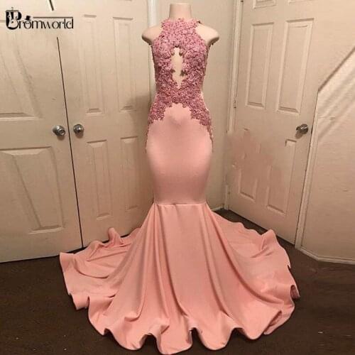 2020 New Peach Pink Lace Mermaid Prom Dresses Long Halter Collar Robe De Soiree Abiye Formal Party Evening Gowns for Women