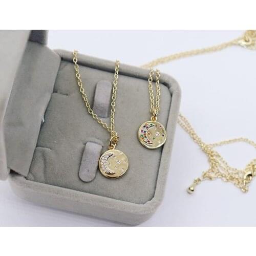 Gold filled Engraved star signet white rainbow cz paved moon star coin pendant necklace for women simple classic fashion jewelry