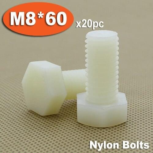 20pcs DIN933 M8 x 60 Fully Threaded White Plastic Nylon Bolts Hexagon Hex Head Bolt Set Screw Setscrews