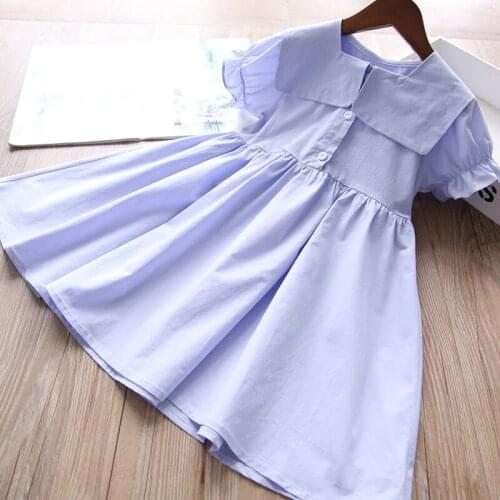 2021 summer new girls blue solid color button school dresses wholeale kids dress for girl