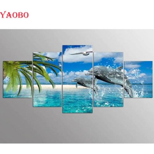 Full Square/Round 5 PCS Diamond Painting dolphin DIY 5D Mosaic Diamond Embroidery triptych painting for Living room decoration
