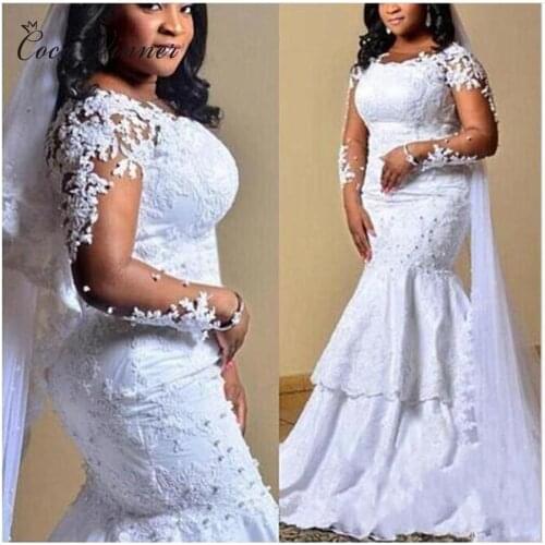 Long Sleeve Satin Mermaid Wedding dresses Africa Style Pearl Beads Embroidery Appliques Bride Dress White Wedding Gown W0402