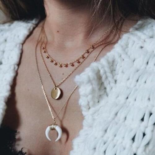 Docona Bohemian Moon Pendant Necklace for Women Multilayer Gold Color Alloy Geometric Round Sweater Chain Jewelry Friend Gift