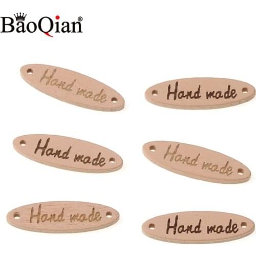 50pcs 28x8mm 2 Hole "Hand Made" Wood Buttons Applique tags DIY Scrapbooking Craft Sewing Woodwork Accessories