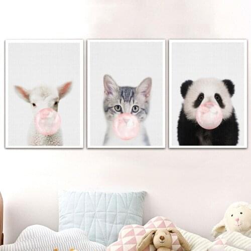 Nursery Baby Room Canvas Art Sheep Cat Panda Painting Animals Blowing Bubbles Posters Print Wall Picture for Kids Room No Frame