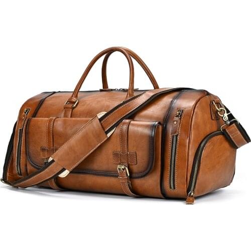 Genuine Leather Travel Bag Men handbag Cow Leather large Travel Duffel Retro Cowhide Weekend Bag big uggage Bag with shoe pocket