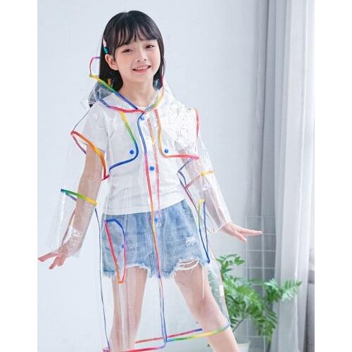 Transparent Rainbow Colorful Edge Kids Raincoat Waterproof EVA Children Windproof Rain Coat Jacket With Hood Boys Girls Poncho