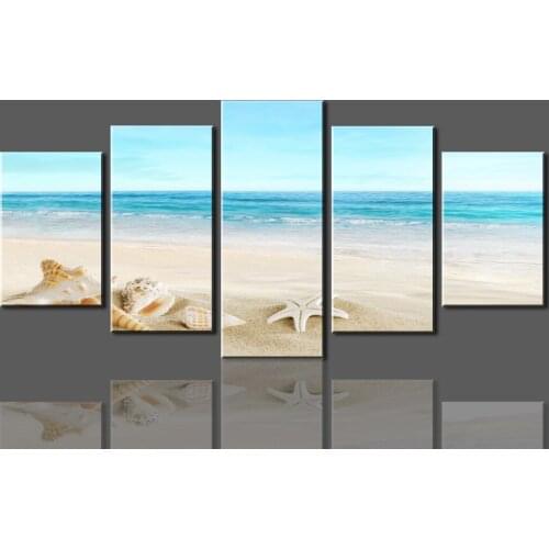 JIE DO ART HD mural art canvas oil painting starfish shells and blue sea 5 canvas picture for the living room modular picture