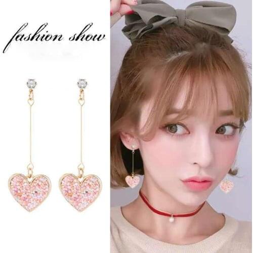 Korea Popular Earrings Sweet Glittering Zircon Pink Earrings For Women Heart-shaped Simple Personality Long Earrings Wholesale