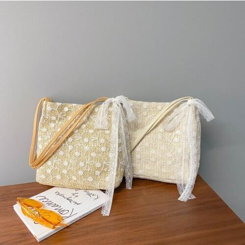 Summer Fairy Bag 2021 New Korean Straw Lace Shoulder Bag Handbag Large Capacity Bucket Shopping Bag