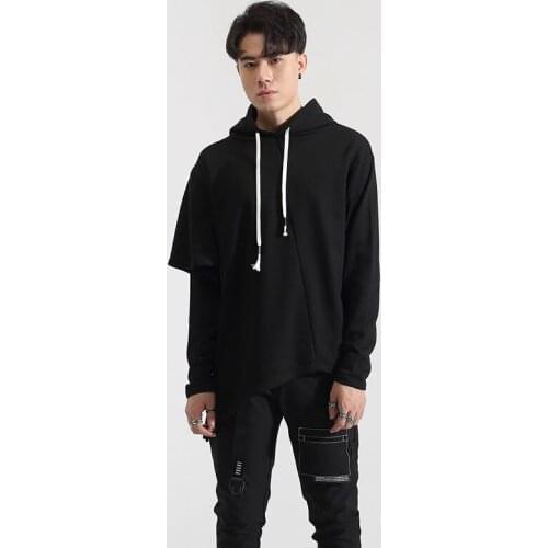 Personality irregular sleeve false two piece stitching cut long sleeve Hoodie mens Hoodie