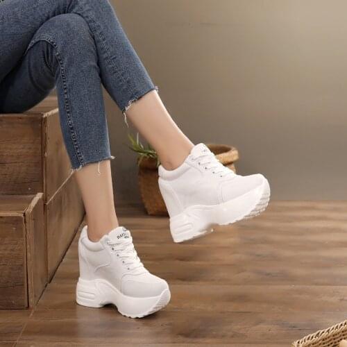 Women Sneakers Fashion Women Height Increasing Breathable Lace-Up Wedges Sneakers Platform Shoes Canvas Woman 10cm Casual Shoes
