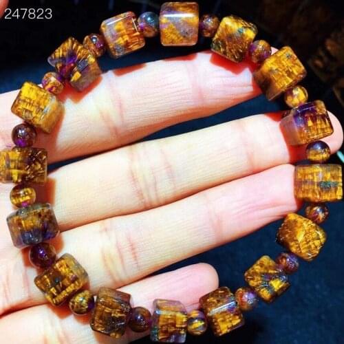 Genuine Natural Cacoxenite Auralite 23 Rutilated Quartz Bracelet Clear Round Cube Beads 7mm Bangle Women Men AAAAAA