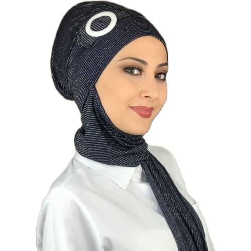 New Islamic Fashion Muslim Hijab Lady 2021 Trend Single Size Beanie Ready Shawl Scarf Buckle Navy Blue Buckled Horsehair Bone