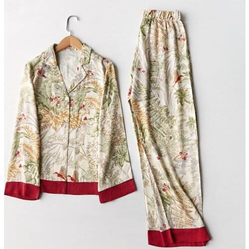 Spring Women Pajamas Fashion 2 Pieces Pajamas Set Satin Cotton Grass Print Sleepwear Long Sleeve Casual Female Home Service