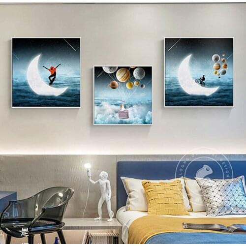 Modern Moon Planet Travel Painting Cartoon Posters and Prints Wall Dreaming Pictures for Living Room Children Room Canvas Decor