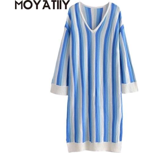 MOYATIIY Fashion Women Straight Shirts Dress Spring Autumn Flax Stripes Wide Sleeve Oversized Side Open Ladies Beach Midi Dress