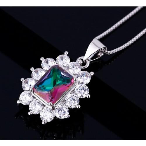 Rectangular Pendant Necklace AAAAA Multicolor Zircon Pendant Gemstone Charm Silver Necklace Party Birthday Gift Engagement Party