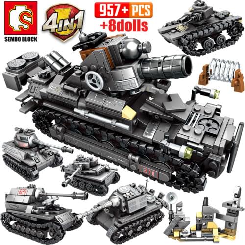 SEMBO 957pcs City WW2 Chariot Series Building Blocks Military Tank Army Soldier Figures Bricks Toys for Children