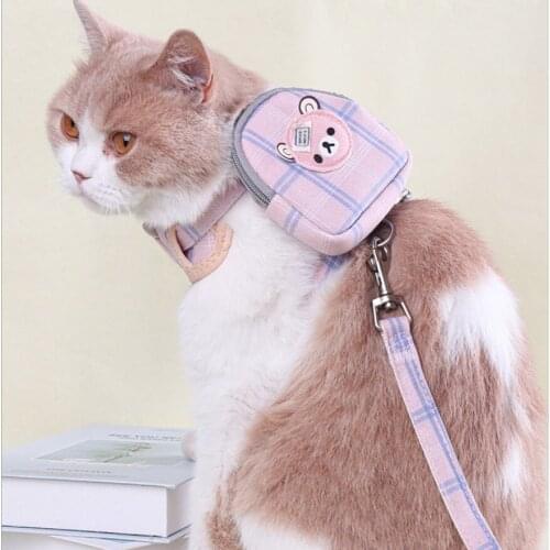 Cartoon Plaid Bear Dog Harness Backpack With Leash Set Pet Cat Small Animal Collar With Little Purse Bag Carrier Lead Products