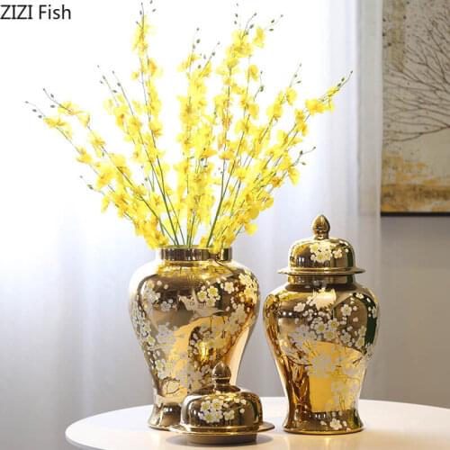 Nordic Electroplating Golden General Pot Ceramic Flower Vase Gilded Crafts Desktop Decoration Ceramic Tea Storage Jar Home Decor