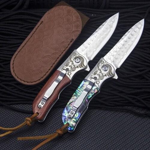 Steel Head Damascus Folding Knife 59HRC Handle Material Steel Head Shell/Natural Rosewood Outdoor Camping Pocket EDC Knife