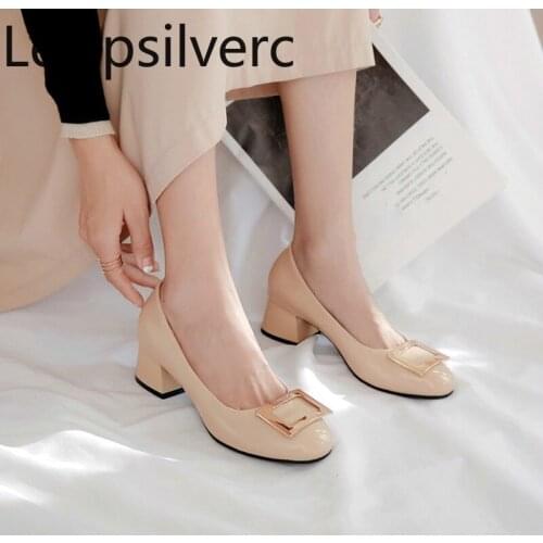 Pumps Spring and autumn The New Round head Shallow mouth Metal Decoration Thick heel mid heel Womens shoes plus size 34-45