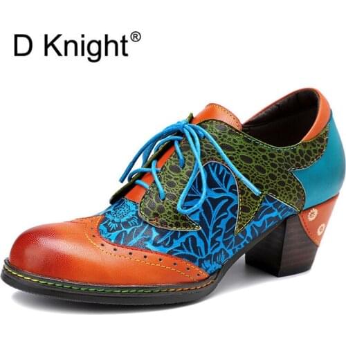 Vintage Handmade Print Stitching Women Pumps Oxfords Shoes Ethnic Style Genuine Leather Chunky High Heels Women‘s’ Shoes Brogues