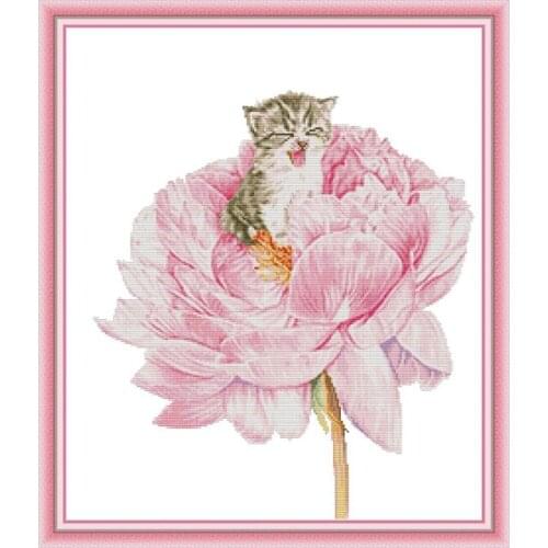 Cat In The Flower Patterns Cross-stitch Embroidery Flowers 14CT 11CT Fabric Counted Print on Canvas DMC DIY for Needlework Kits