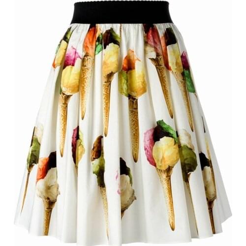 Customize Made Women Plus Size Casual Celebrity Runway All Match Ice Cream Print A Line Pleated Knee Length Skirt Black/White