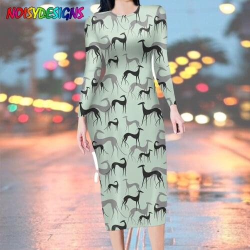 NOISYDESIGNS Autumn New Womens Clothing O-Neck Slim Greyhound Dog Printed Pencil Dress Long-Sleeved Lady Long Dresses Bag Hip
