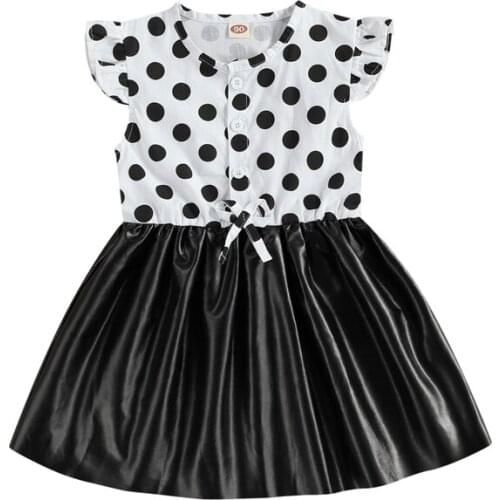 2021 Summer Girls Fly Sleeve Dress Sweet Polka Dot Button Down Leather Stitching A-line Princess Dress Girls Casual Dresses
