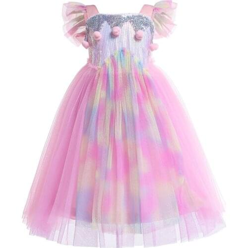 2020 Summer Girls Flying Sleeve Dresses Sequines Kids Dress For Wedding Party Rainbow Girls Princess Dress Baby Girls Clothes