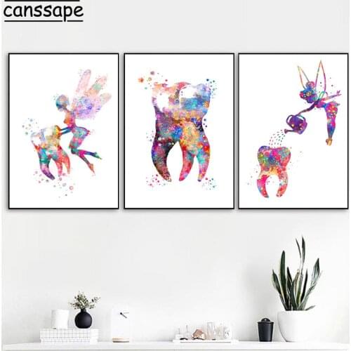 Dental Art Tooth Fairy Canvas Painting Watercolor Wall Art Poster Dental Hygienist Canvas Print Teeth Wall Pictures Clinic Decor